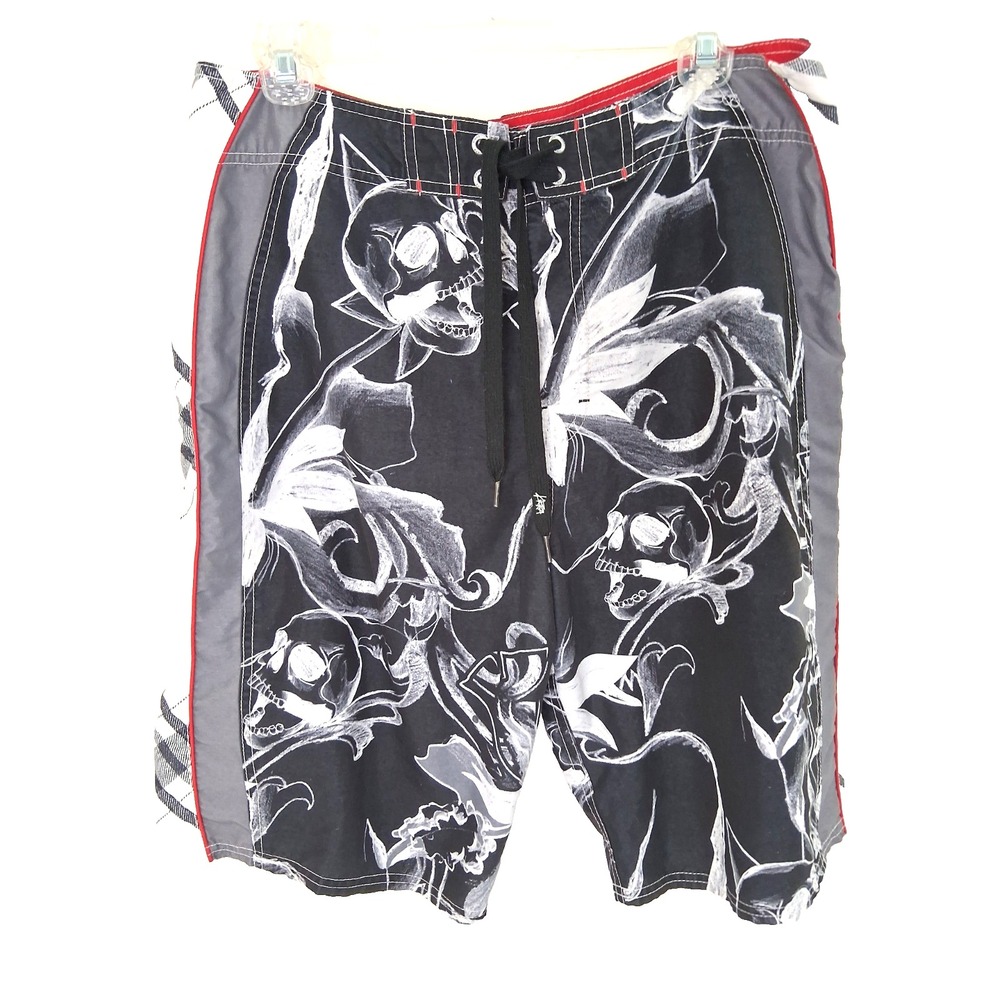 Vintage Y2K Kirra Skull Boardshorts Size 33 All Over Skull Print Swim Surf Beach